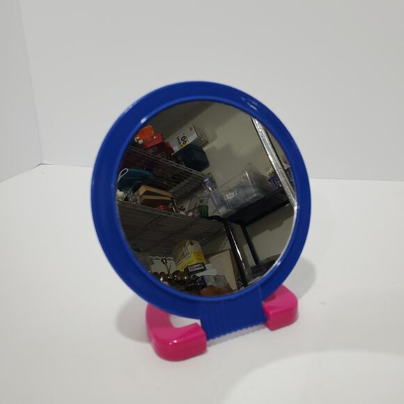 Vtg 90's Hand Held Mirror 6" x 8.5" Stand-Up Two Sided Pink and Blue-Violet - Picture 6 of 8